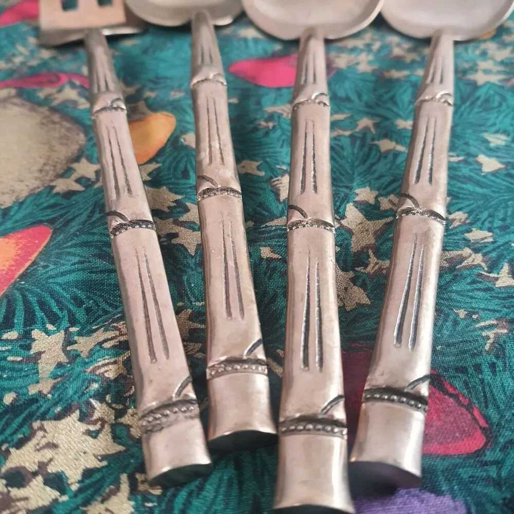 VTG 70’s Lot Of 4 Nickel Bronze Serving Spoon Carving Fork Faux Bamboo Serveware